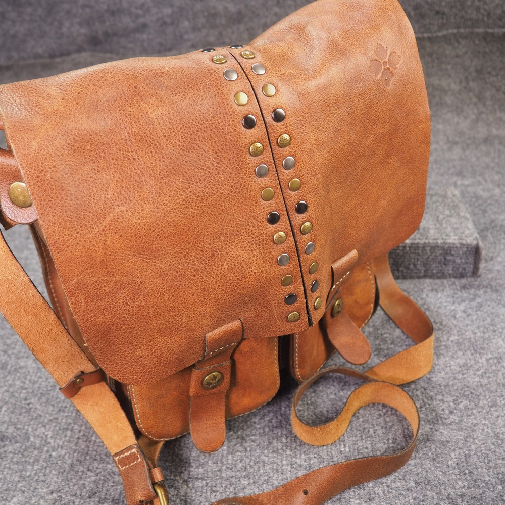 Patricia Nash Messenger Crossbody Bag Brown Leather Studded Flap Boho Artisan
